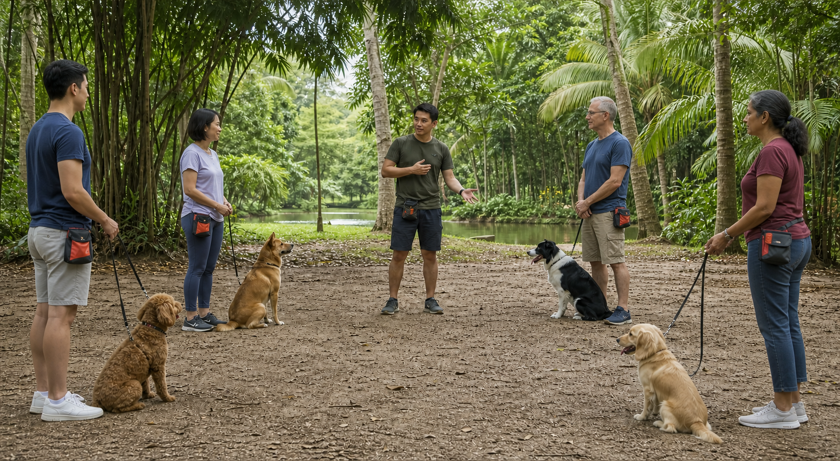 男性训犬师指导主人与狗狗练习